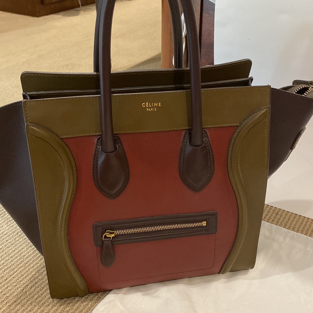CELINE LARGE LUGGAGE TOTE NWOT BURGUNDY BROWN AND OLIVE GREEN - Picture 11 of 17